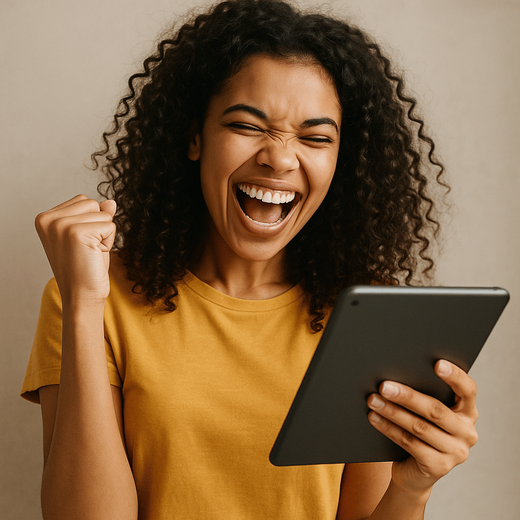 Estudante aprovada sorrindo resultado da aprovação em mãos